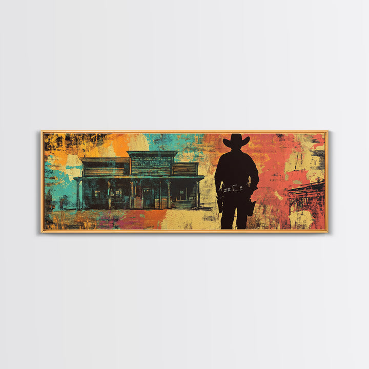 Cowboy Silhouette Beside Old Saloon Wall Art, Western Framed Canvas Print, Rustic Man Cave Decor, Southwest Statement Art