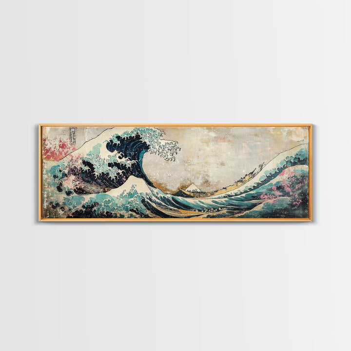 Japanese Great Wave With Soft Pastel Mountains Wall Art, Ukiyo E Framed Canvas Print, Coastal Japandi Decor, Ocean Art Print