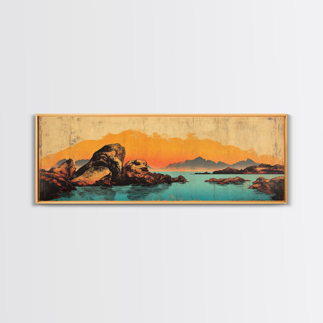 Orange Sunset Mountain Lake With Rocks Wall Art, Southwestern Canvas Print, Rustic Landscape Decor, Large Horizontal Art