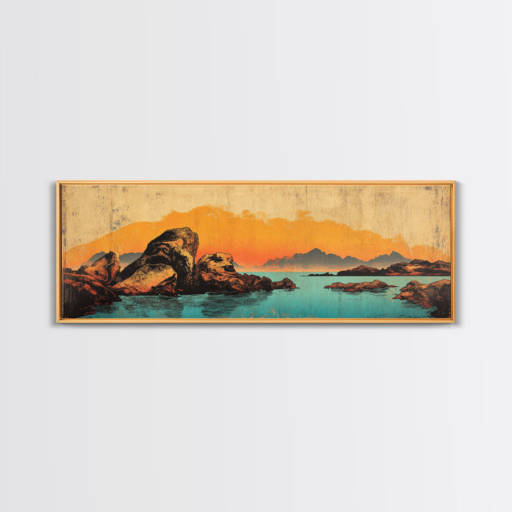 Orange Sunset Mountain Lake With Rocks Wall Art, Southwestern Canvas Print, Rustic Landscape Decor, Large Horizontal Art