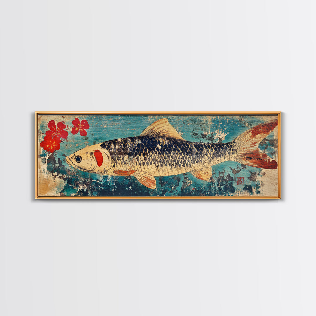 Koi Fish With Red Blossoms On Blue Texture Wall Art, Japanese Framed Canvas Print, Asian Decor, Nature Inspired Art Print