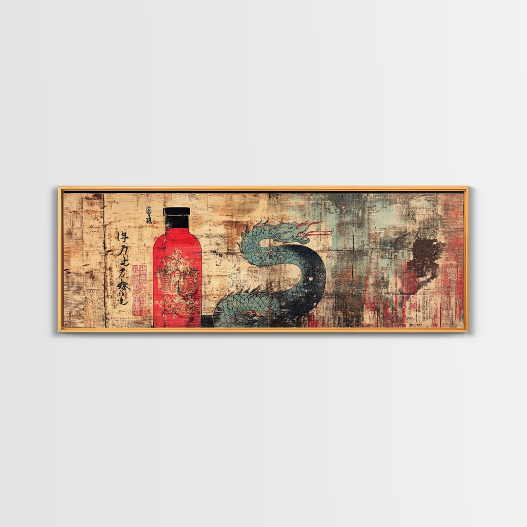 Red Sake Bottle And Dragon Wall Art, Asian Inspired Canvas Print, Japanese Decor, Kitchen Wall Decor, Gift For Him, Home Decor