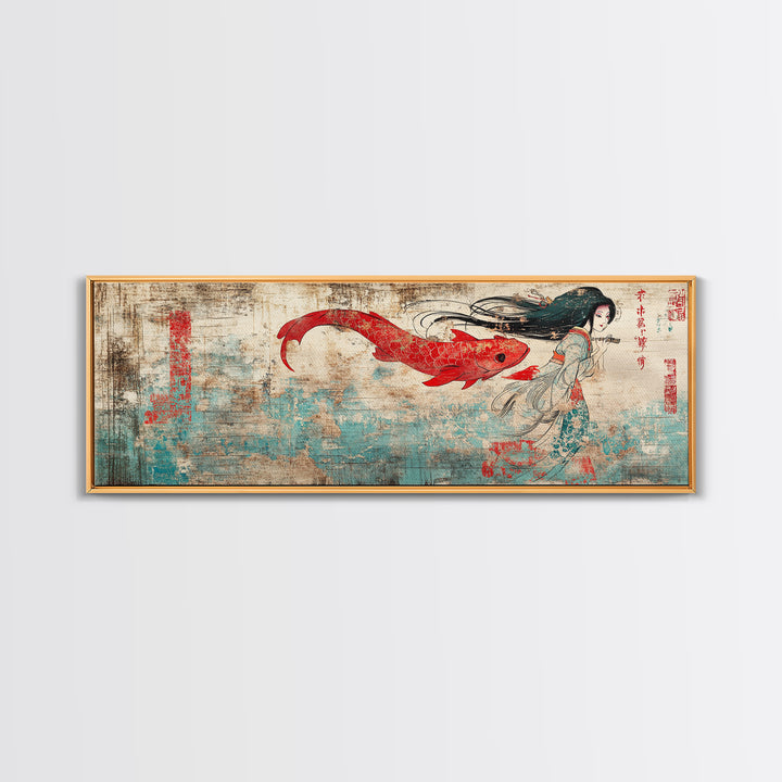 Red Koi Mermaid Wall Art, Asian Fantasy Canvas Print, Japanese Wall Decor, Whimsical Art, Bedroom Decor, Gift For Her, Home Decor