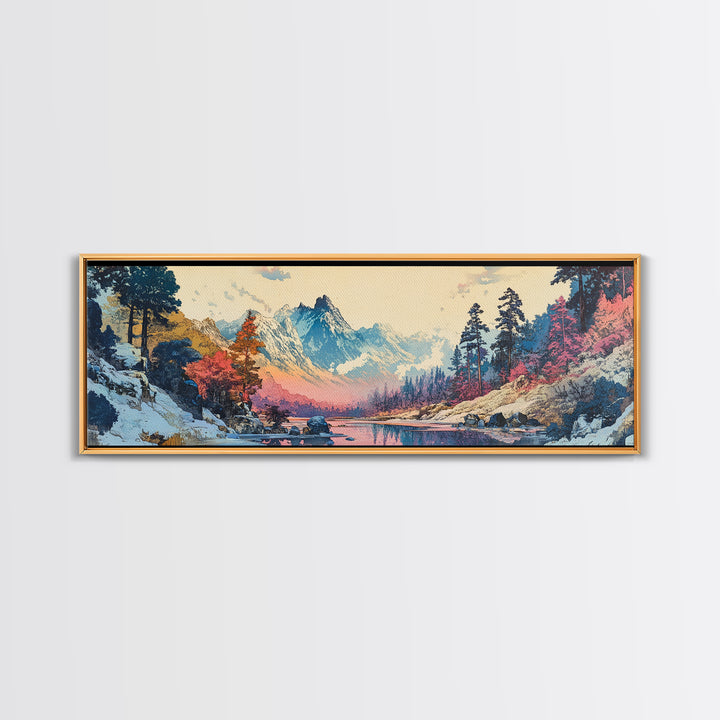 Snowy Mountain River Framed Canvas Print, Japanese Landscape Wall Art, Nature Wall Decor, Cabin Decor, Housewarming Gift