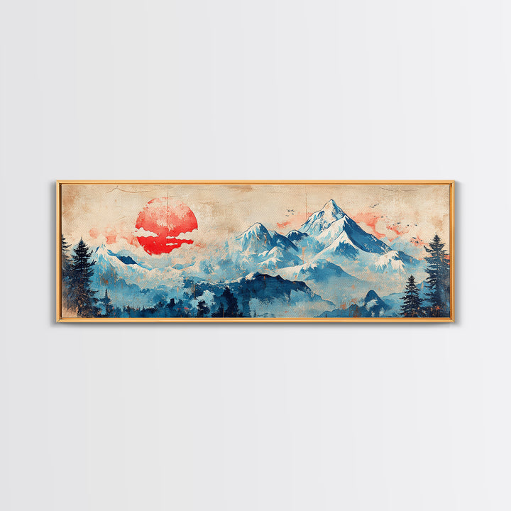 Blue Snowy Mountains And Red Sun Wall Art, Japanese Landscape Canvas Print, Minimalist Decor, Above Bed Art, Home Decor Print