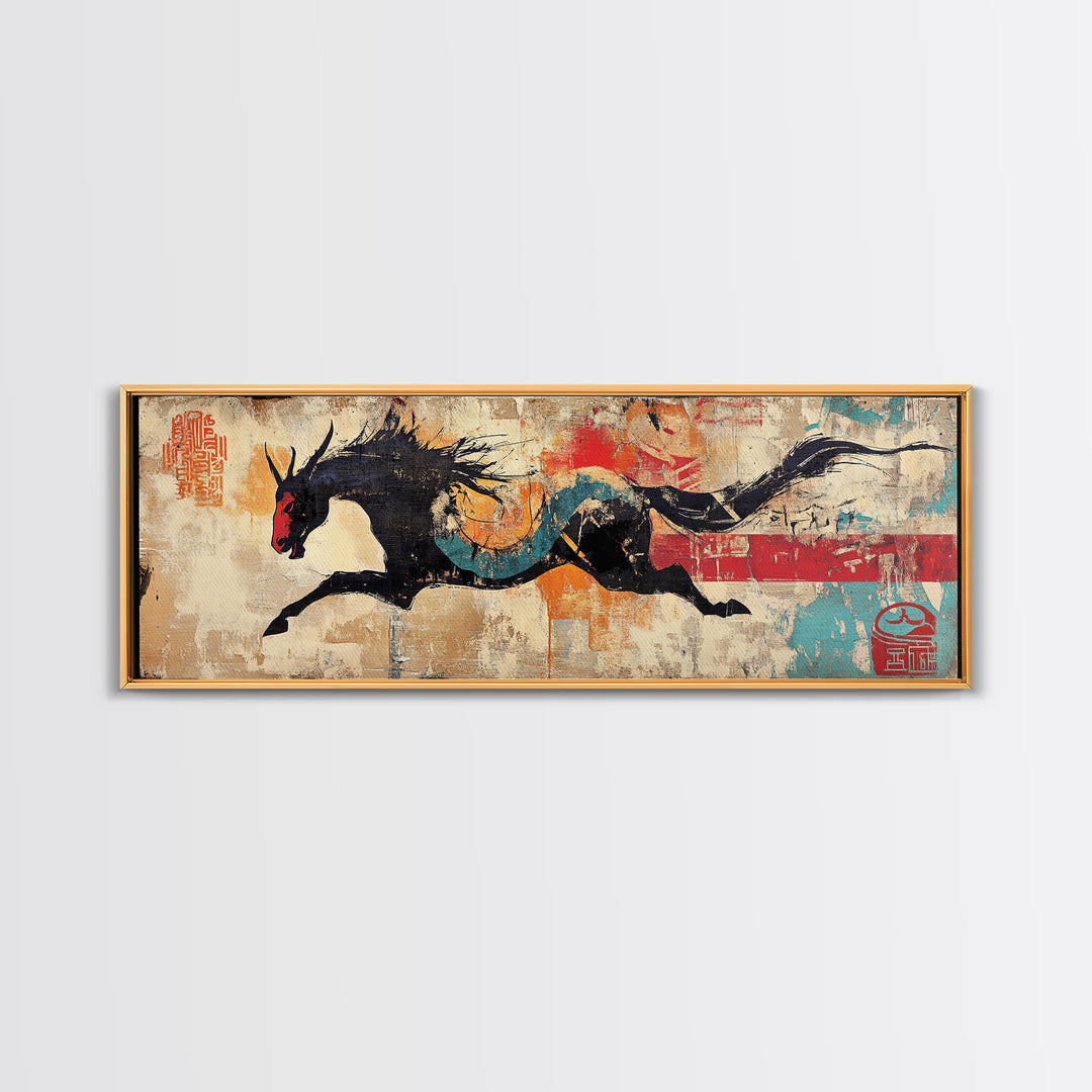 Black Dragon Horse Wall Art, Asian Fantasy Canvas Print, Japanese Decor, Mythical Creature Art, Bold Wall Decor, Gift For Him