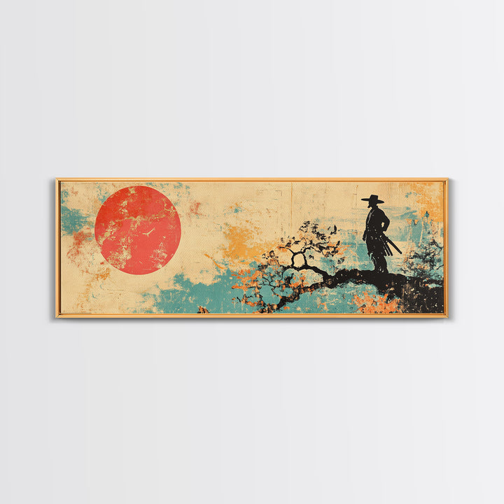 Samurai At Red Sun Wall Art, Japanese Warrior Silhouette Canvas, Asian Inspired Decor, Long Horizontal Zen Landscape Print