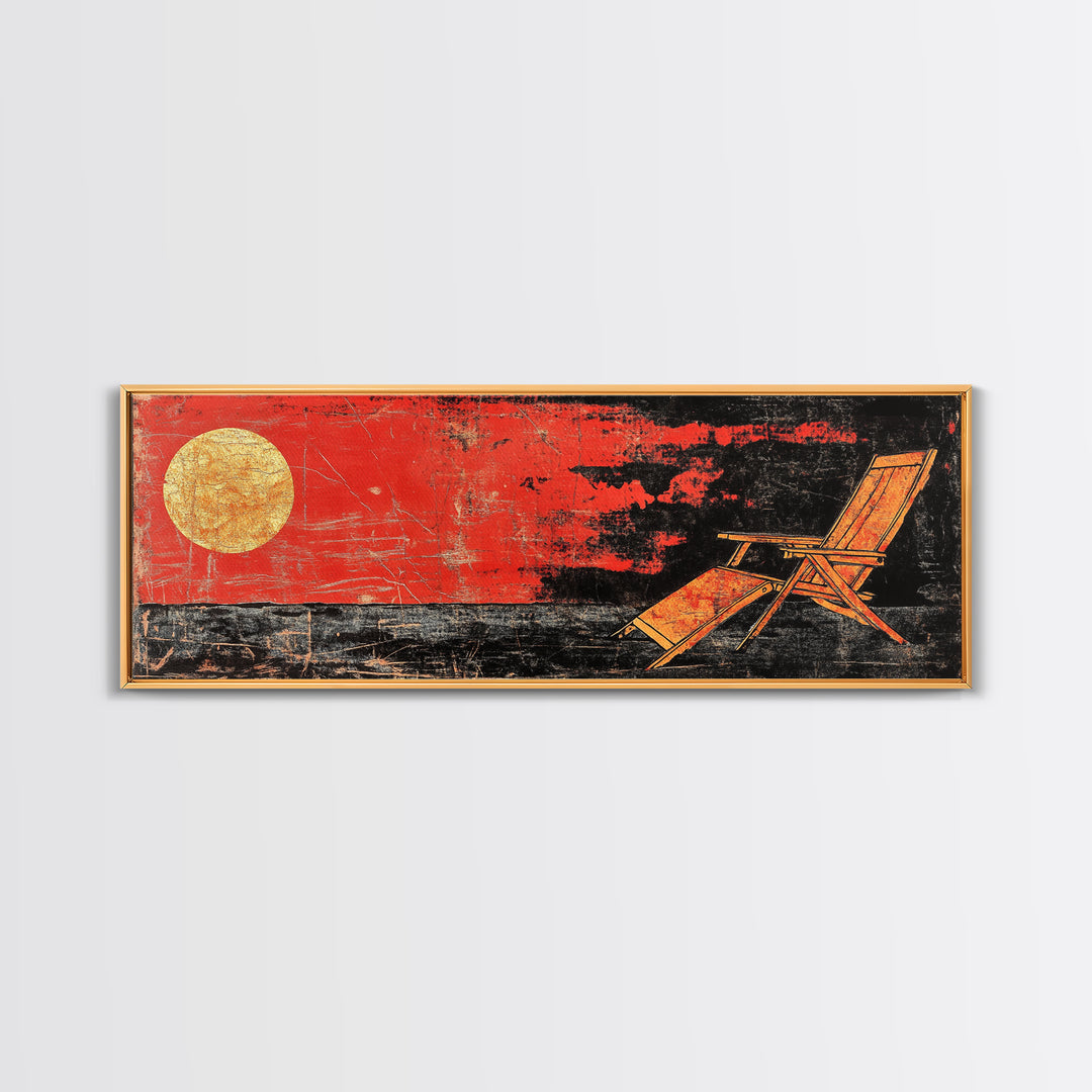 Red Sunset Beach Chair Wall Art, Coastal Lounge Canvas Print, Tropical Home Decor, Summer Ocean Poster For Living Room Decor