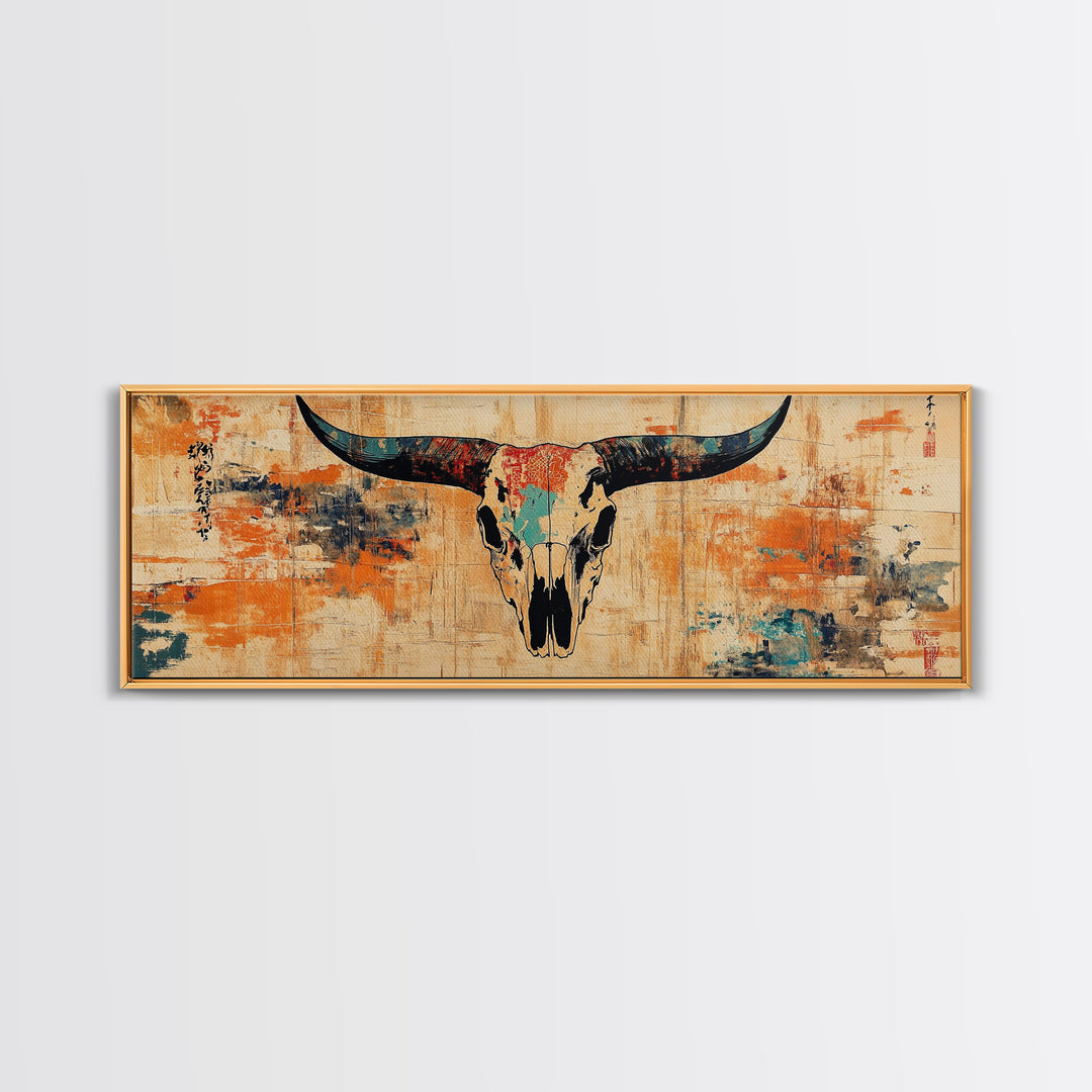 Longhorn Skull Wall Art, Western Rustic Canvas Print, Southwestern Cowboy Decor, Earth Tone Ranch Style Living Room Art Print