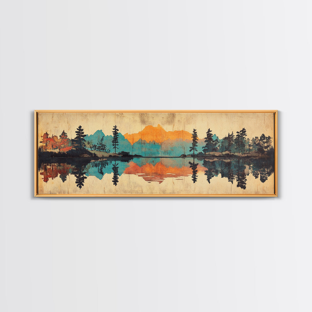 Mountain Lake Reflection Wall Art, Rustic Landscape Canvas Print, Cabin Home Decor, Panoramic Nature Art For Living Room