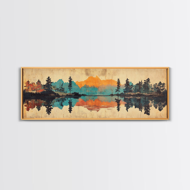 Mountain Lake Reflection Wall Art, Rustic Landscape Canvas Print, Cabin Home Decor, Panoramic Nature Art For Living Room