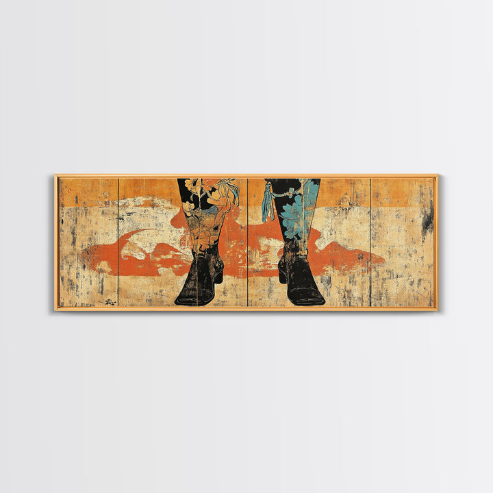 Cowboy Boots And Hat Wall Art, Western Cowgirl Canvas Print, Rustic Ranch Home Decor, Long Horizontal Bedroom Wall Decor
