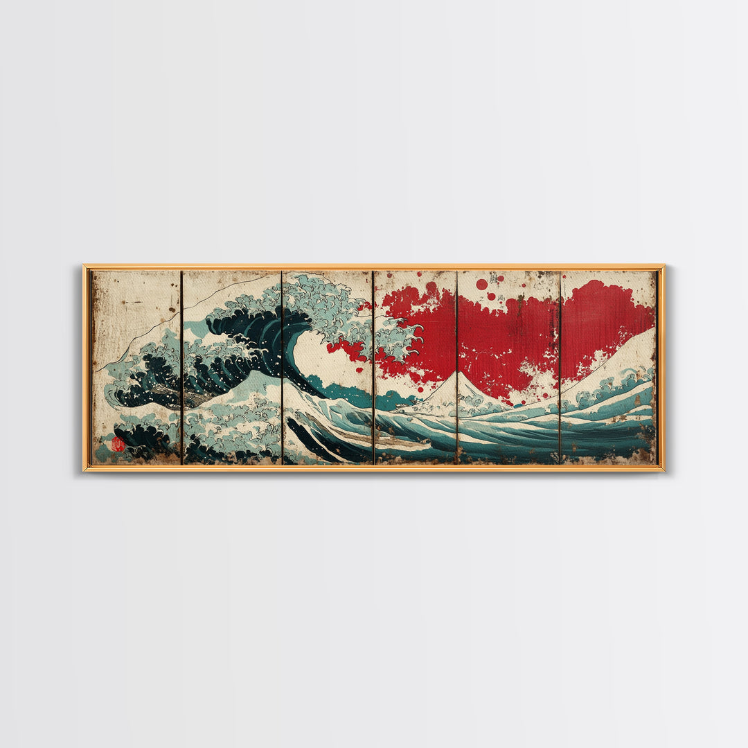 Great Wave Red Sun Wall Art, Japanese Ocean Canvas Print, Coastal Seascape Decor, Panoramic Wave Art Poster For Living Room