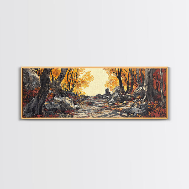 Autumn Forest Path Wall Art, Rustic Landscape Print, Long Horizontal Canvas, Cozy Cabin Decor, Warm Nature Art For Living Room