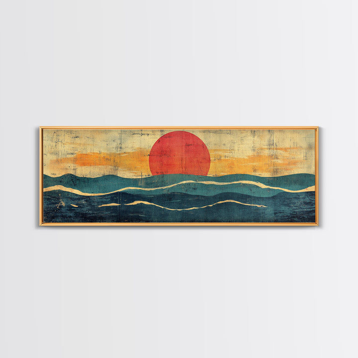 Abstract Ocean Waves Wall Art, Mid Century Coastal Print, Red Sun Seascape, Retro Minimalist Decor For Modern Living Room