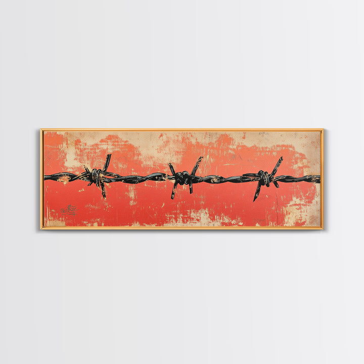 Barbed Wire Fence Wall Art, Western Rustic Print, Industrial Farmhouse Decor, Orange Grunge Canvas For Man Cave Or Office