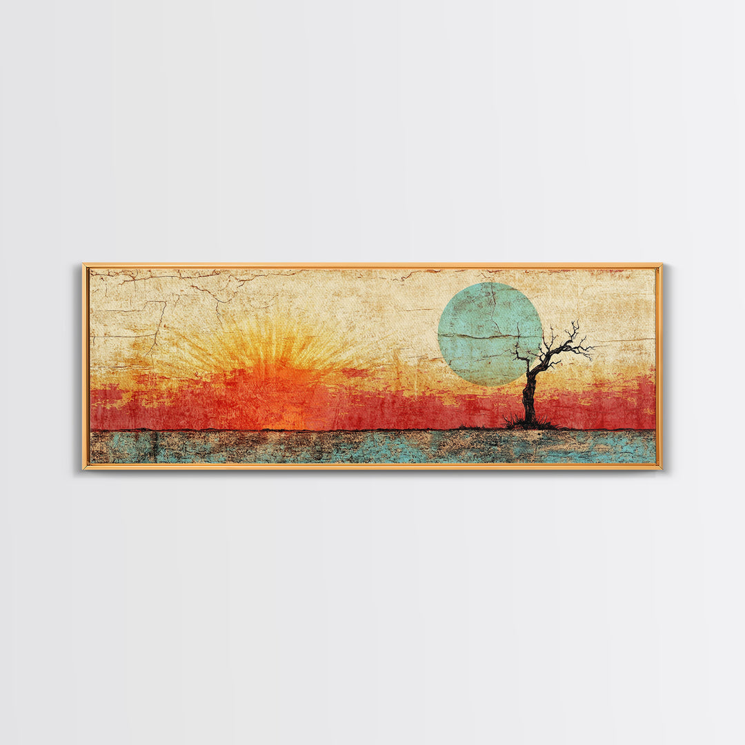 Lone Tree Sunrise Wall Art, Abstract Desert Landscape Print, Mid Century Wabi Sabi Decor, Warm Minimalist Canvas For Living Room