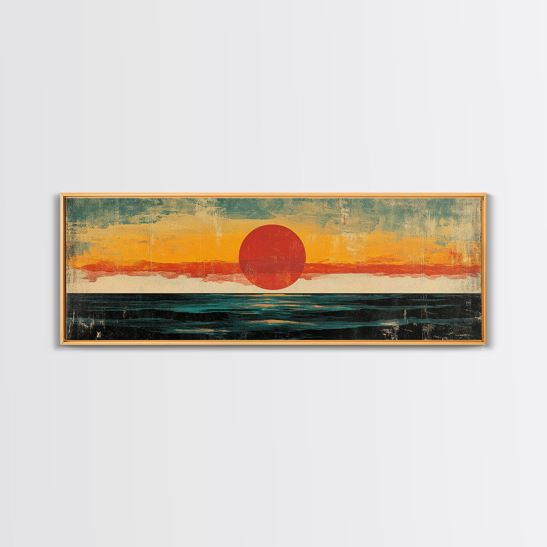 Minimalist Red Sun Ocean Wall Art, Abstract Coastal Landscape Print, Mid Century Modern Decor, Long Horizontal Canvas For Bedroom