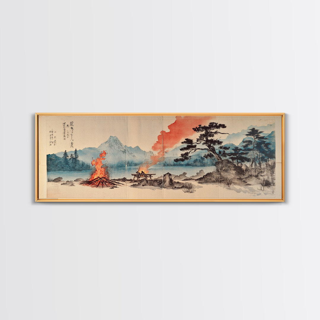 Mountain Campfire By Quiet Lake Wall Art, Japanese Landscape Canvas Print, Zen Nature Decor, Rustic Cabin Home Office Art