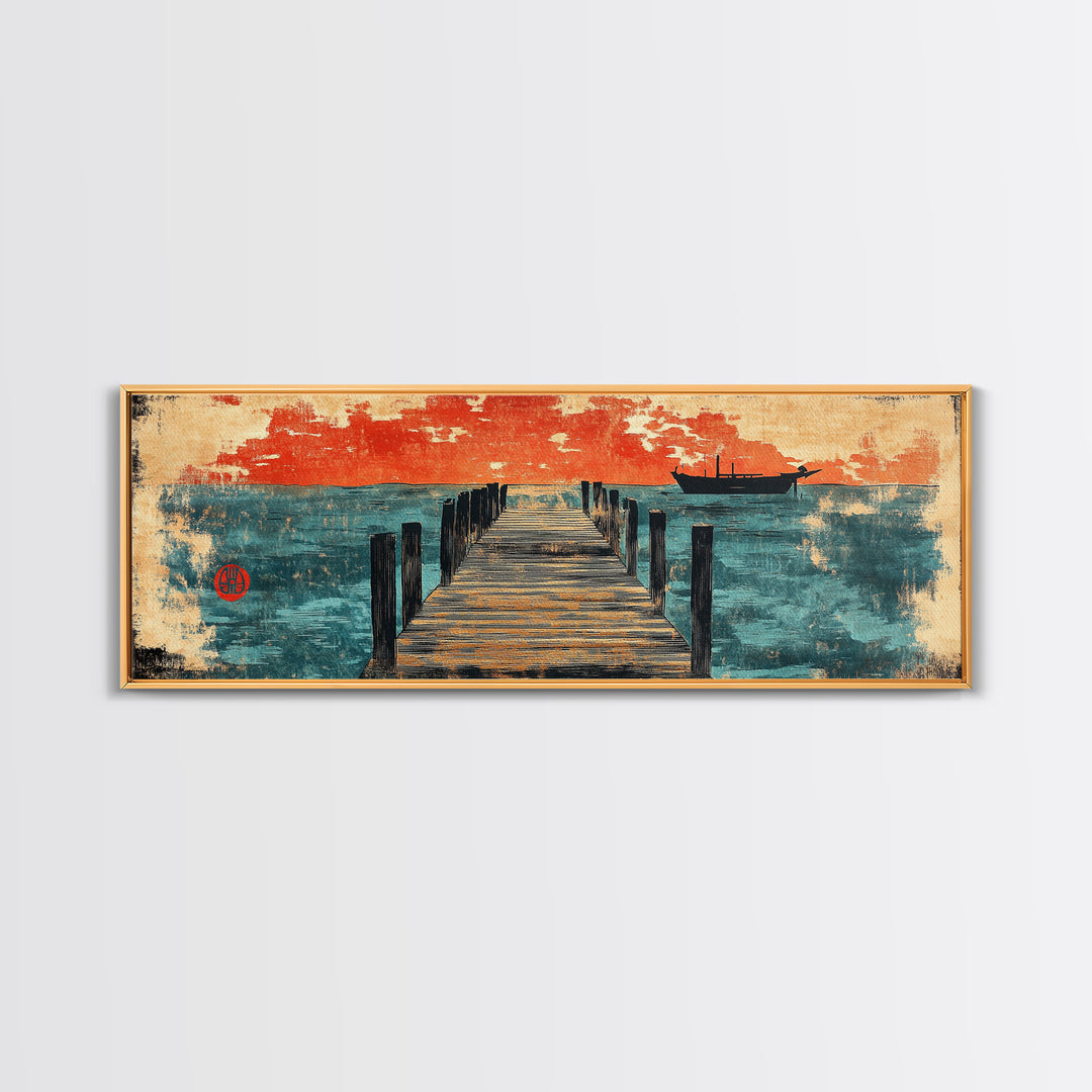 Weathered Pier And Red Sky Wall Art, Japanese Coastal Canvas Print, Ocean Sunset Decor, Large Horizontal Nautical Living Room Art