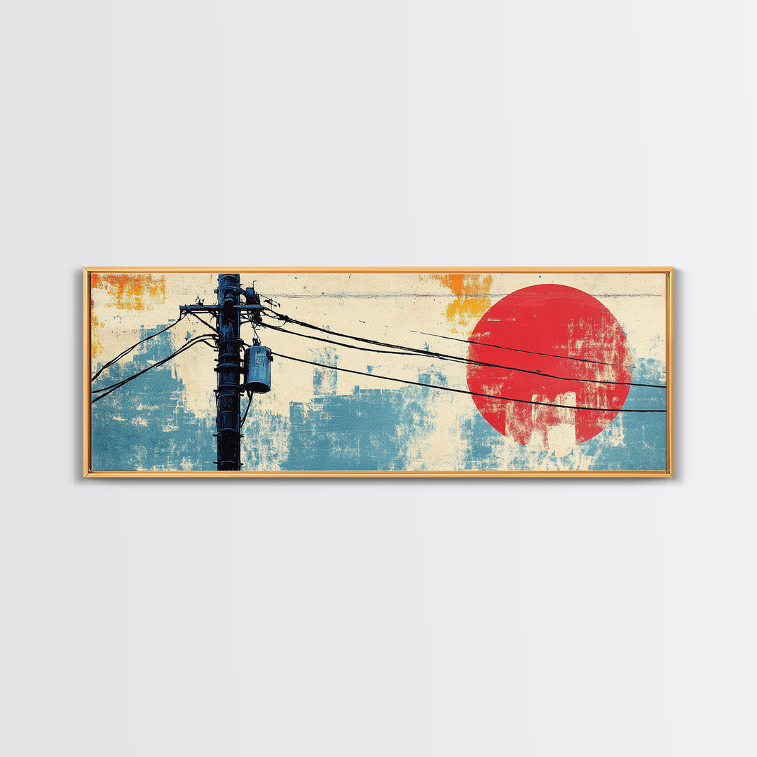 Weathered Utility Pole With Red Sun Canvas Print, Japanese Wall Art, Urban Industrial Decor, Long Horizontal Living Room Art