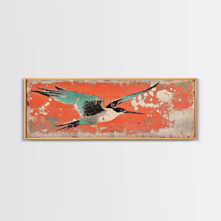 Graceful Teal Crane In Flight Wall Art, Japanese Bird Print, Coastal Wildlife Decor, Long Horizontal Canvas For Living Room