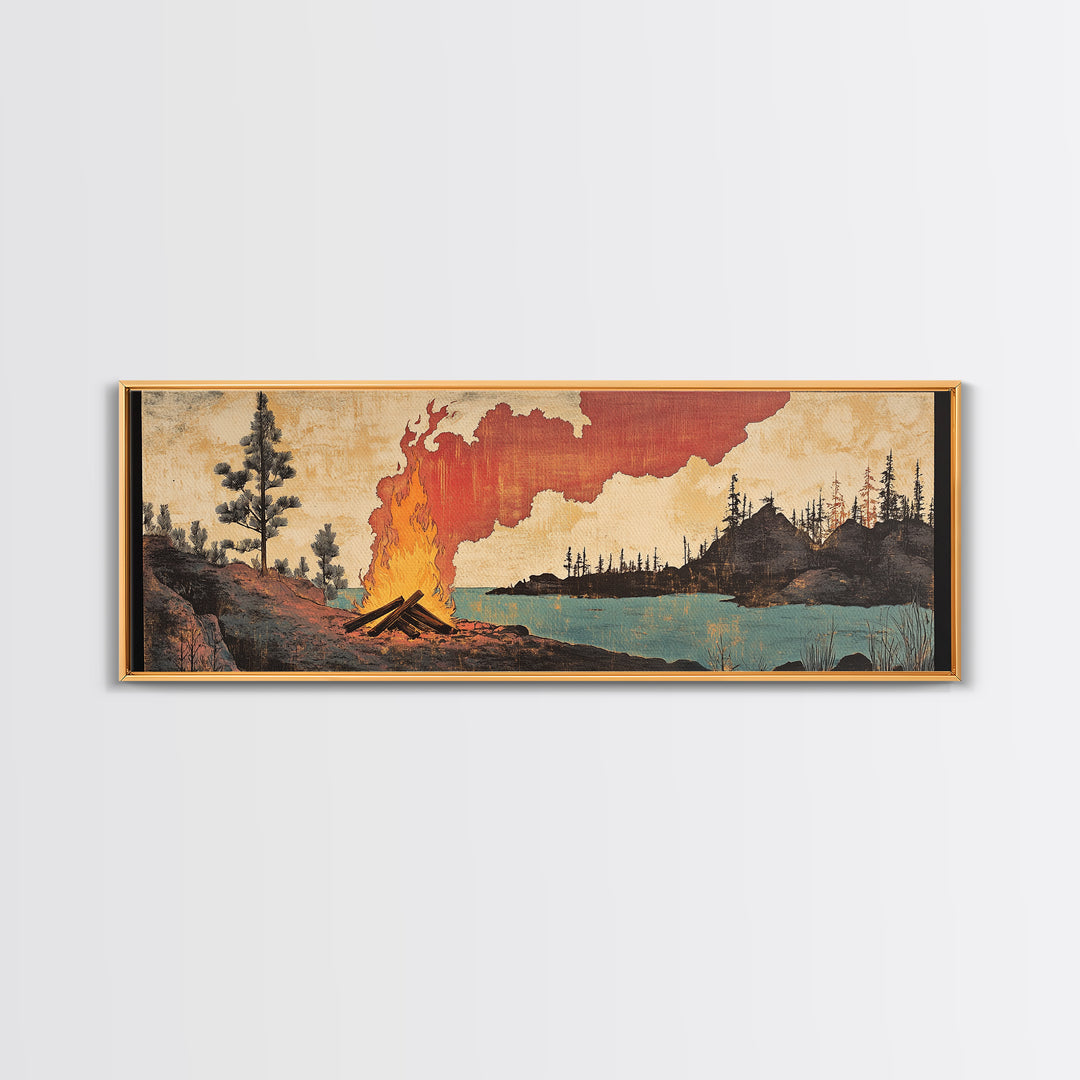Lakeside Campfire With Red Smoke Canvas Print, Rustic Japanese Landscape Wall Art, Cabin Decor For Living Room And Office