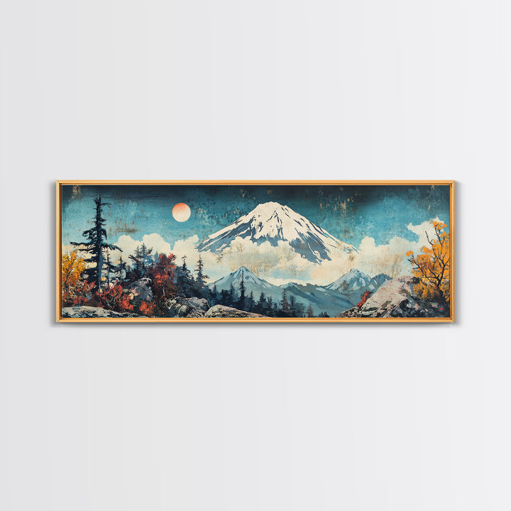Snowy Mount Fuji With Moonlit Forest Framed Canvas Print, Japanese Mountain Wall Art, Winter Landscape Living Room Decor