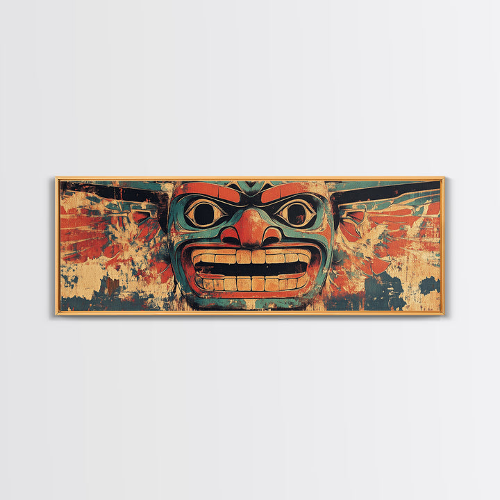 Bold Tribal Mask Framed Canvas Print, Indigenous Wall Art, Ethnic Home Decor, Pacific Northwest Style, Statement Artwork