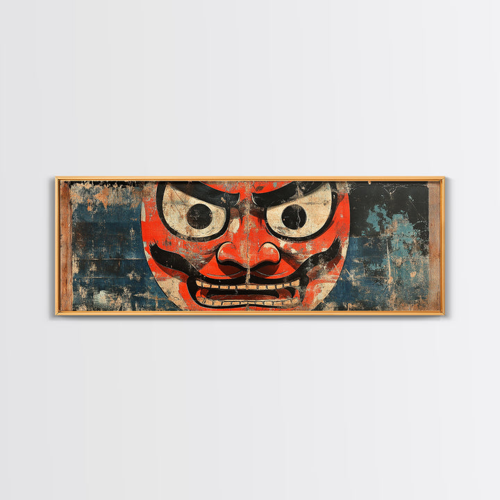 Red Oni Mask Wall Art, Japanese Framed Canvas Print, Asian Inspired Decor, Bold Folk Art, Dramatic Statement Artwork Gift