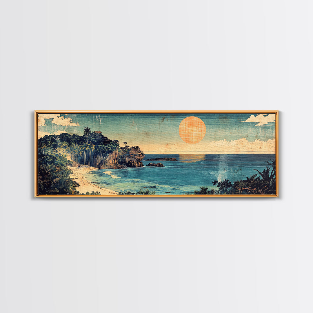 Tropical Ocean Cove Sunset Wall Art, Panoramic Coastal Canvas Print, Beach House Decor, Nautical Living Room Wall Art Print
