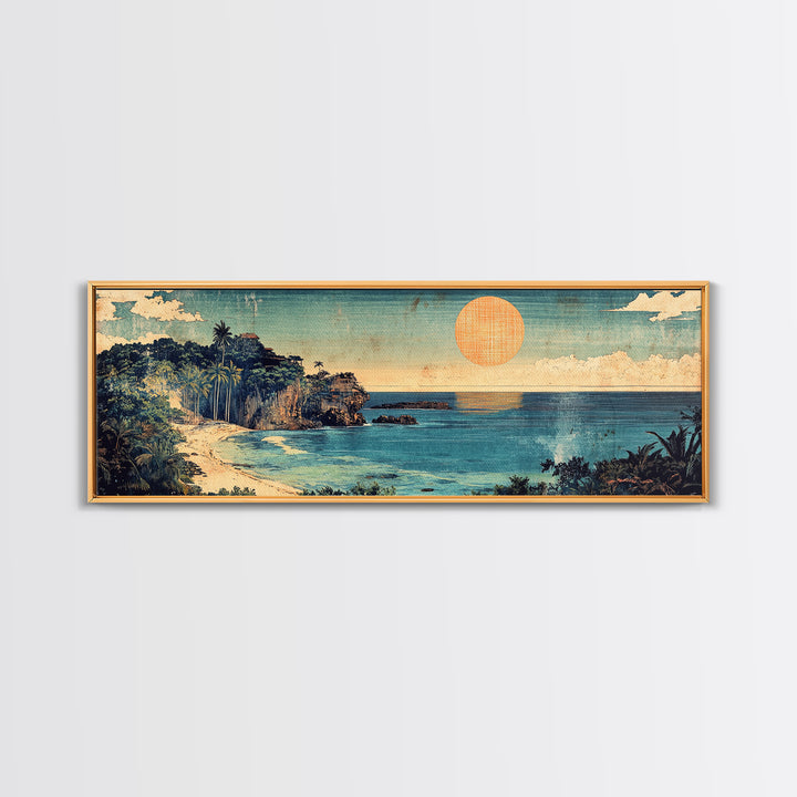 Tropical Ocean Cove Sunset Wall Art, Panoramic Coastal Canvas Print, Beach House Decor, Nautical Living Room Wall Art Print