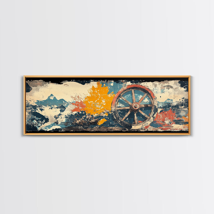 Rustic Wagon Wheel Against Painted Sky Wall Art, Western Canvas Print, Farmhouse Country Decor For Living Room Home Decor