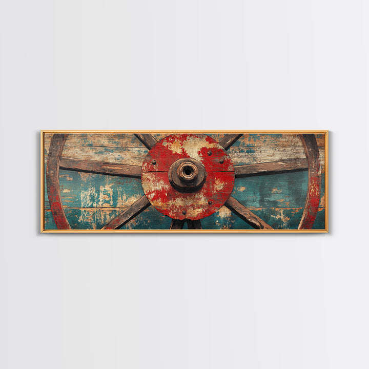 Weathered Wagon Wheel On Turquoise Wood Wall Art, Rustic Western Framed Canvas Print, Farmhouse Decor For Man Cave Home Bar Decor