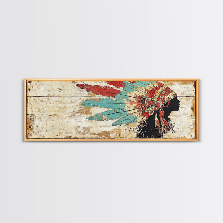 Native American Headdress Silhouette Wall Art, Western Tribal Canvas Print, Rustic Indigenous Decor For Living Room Home Decor