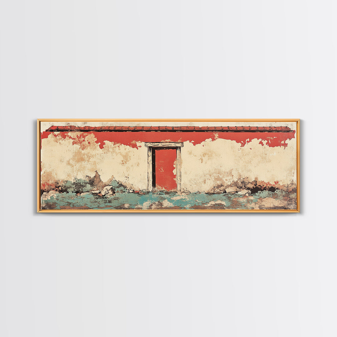 Weathered Red Door Adobe Facade Wall Art, Rustic Southwestern Canvas Print, Farmhouse Entryway Decor, Long Horizontal Art