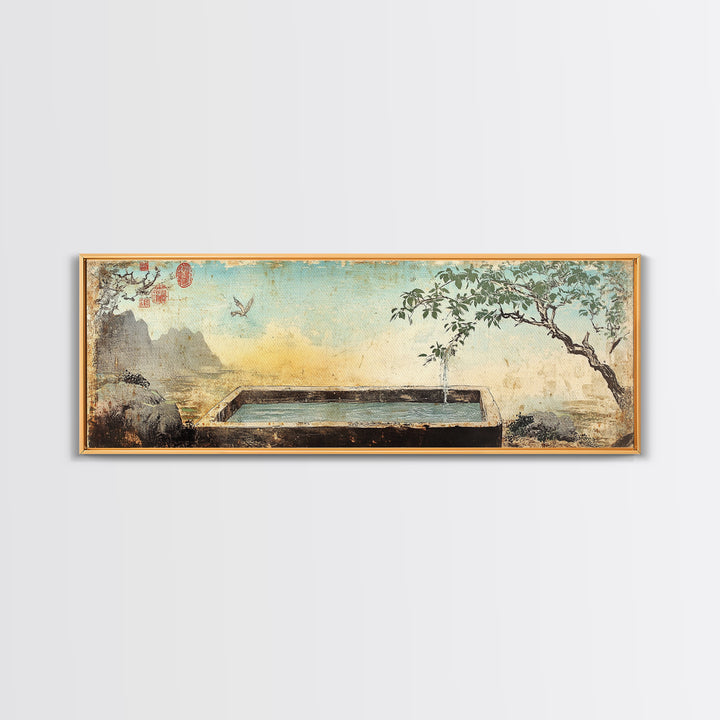 Stone Garden Fountain With Tree Wall Art, Japandi Courtyard Canvas Print, Zen Spa Decor, Asian Inspired Landscape Wall Decor