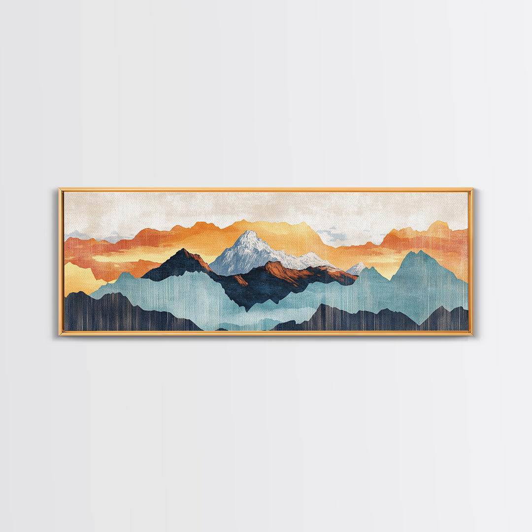 Layered Blue Orange Mountain Range Wall Art, Abstract Landscape Canvas Print, Modern Rustic Decor, Extra Wide Living Room Art