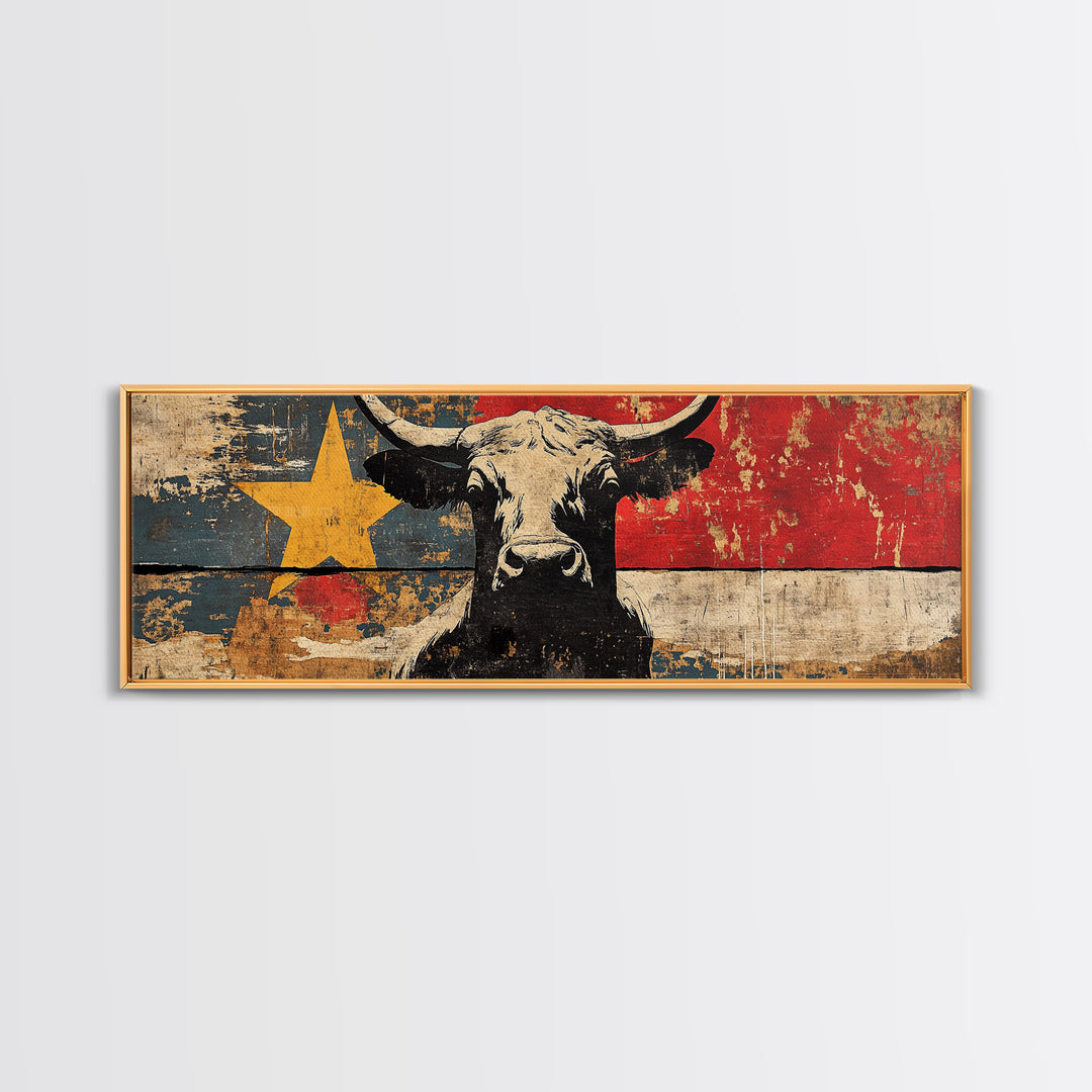 Black Longhorn Bull Texas Flag Wall Art, Western Canvas Print, Rustic Ranch Decor, Cowboy Man Cave Decor, Americana Gift