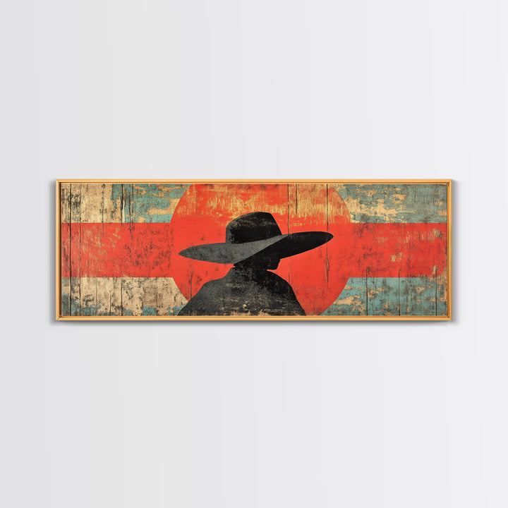 Cowboy Silhouette Red Sun Wall Art, Modern Western Canvas Print, Rustic Ranch Decor, Southwestern Living Room Statement Artwork