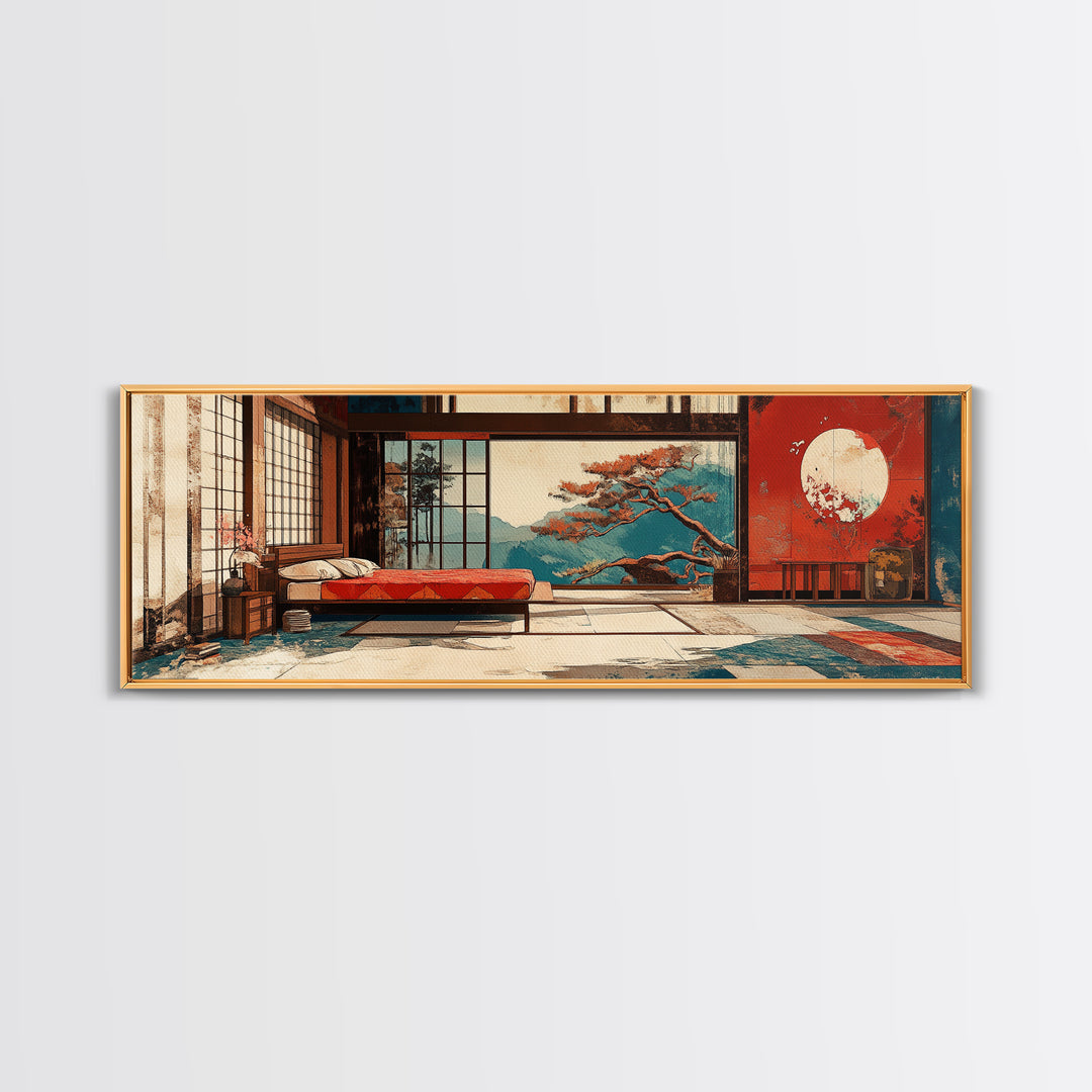 Japanese Bedroom With Moon View Wall Art, Japandi Framed Canvas Print, Zen Home Decor, Above Bed Living Room Wall Decor Print