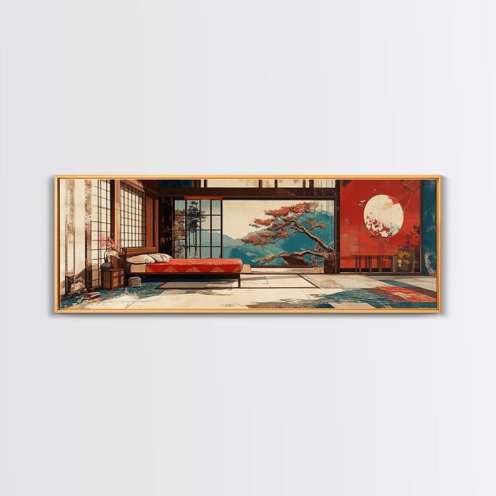 Japanese Bedroom With Moon View Wall Art, Japandi Framed Canvas Print, Zen Home Decor, Above Bed Living Room Wall Decor Print