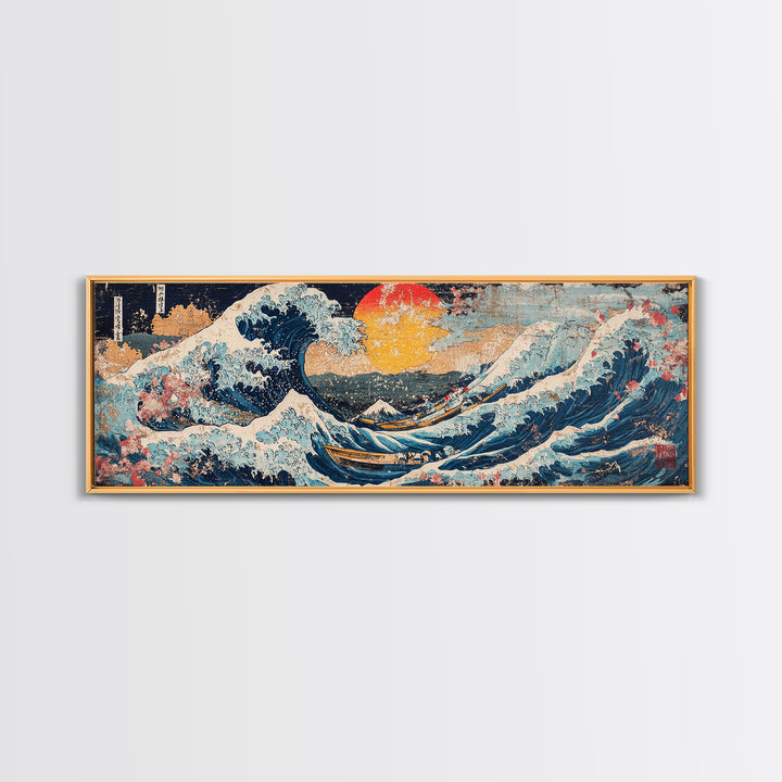 Japanese Ocean Wave And Red Sun Wall Art, Hokusai Inspired Canvas Print, Nautical Coastal Decor, Large Living Room Seascape Print