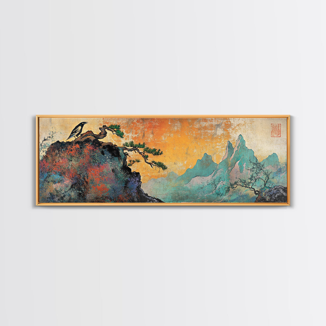 Soaring Bird Rocky Cliff Canvas Print, Teal Mountain Landscape Wall Art, Japanese Nature Art, Large Panoramic Home Decor