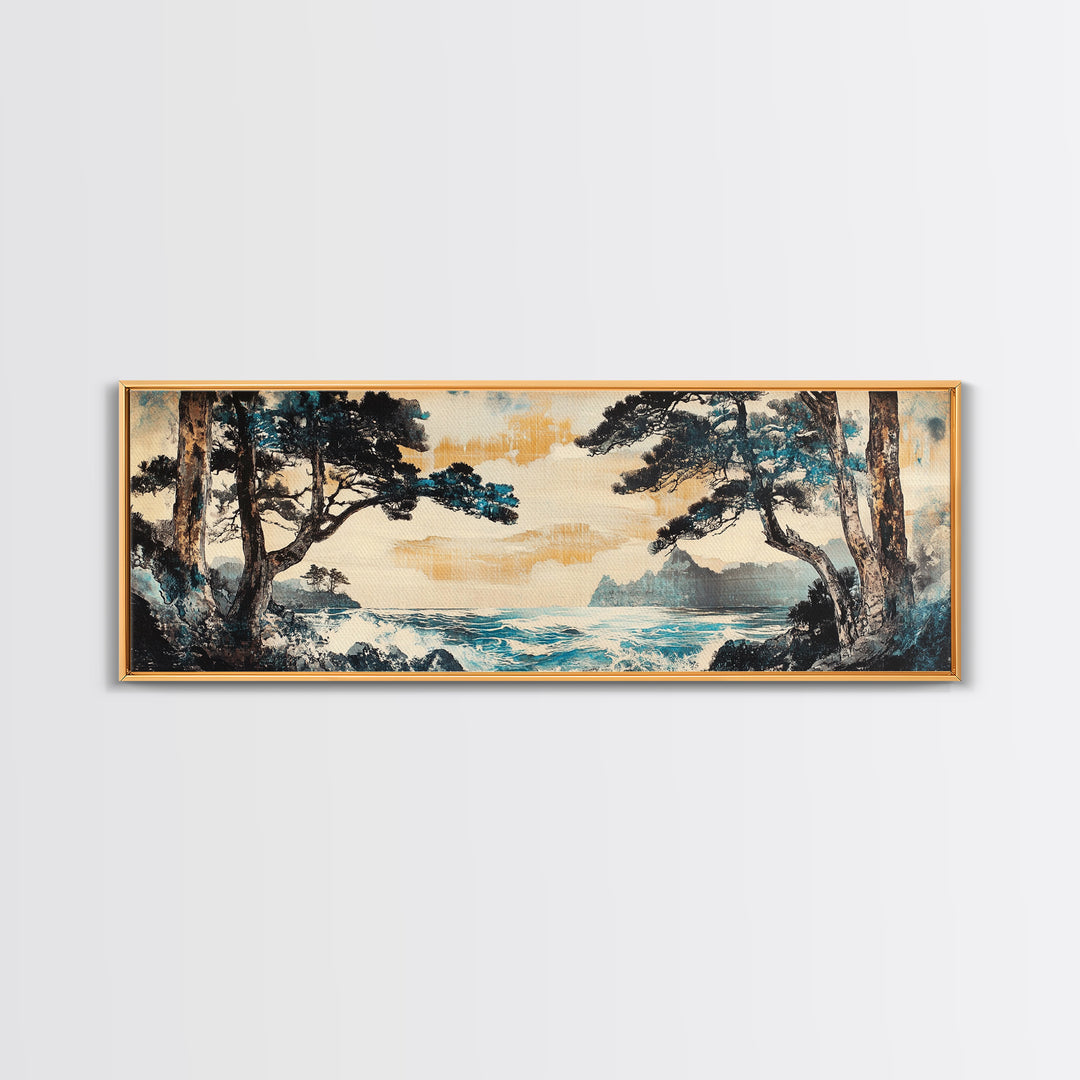 Misty Coastal Cove Canvas Print, Pine Tree Seascape Wall Art, Japanese Inspired Landscape, Large Panoramic Living Room Home Decor