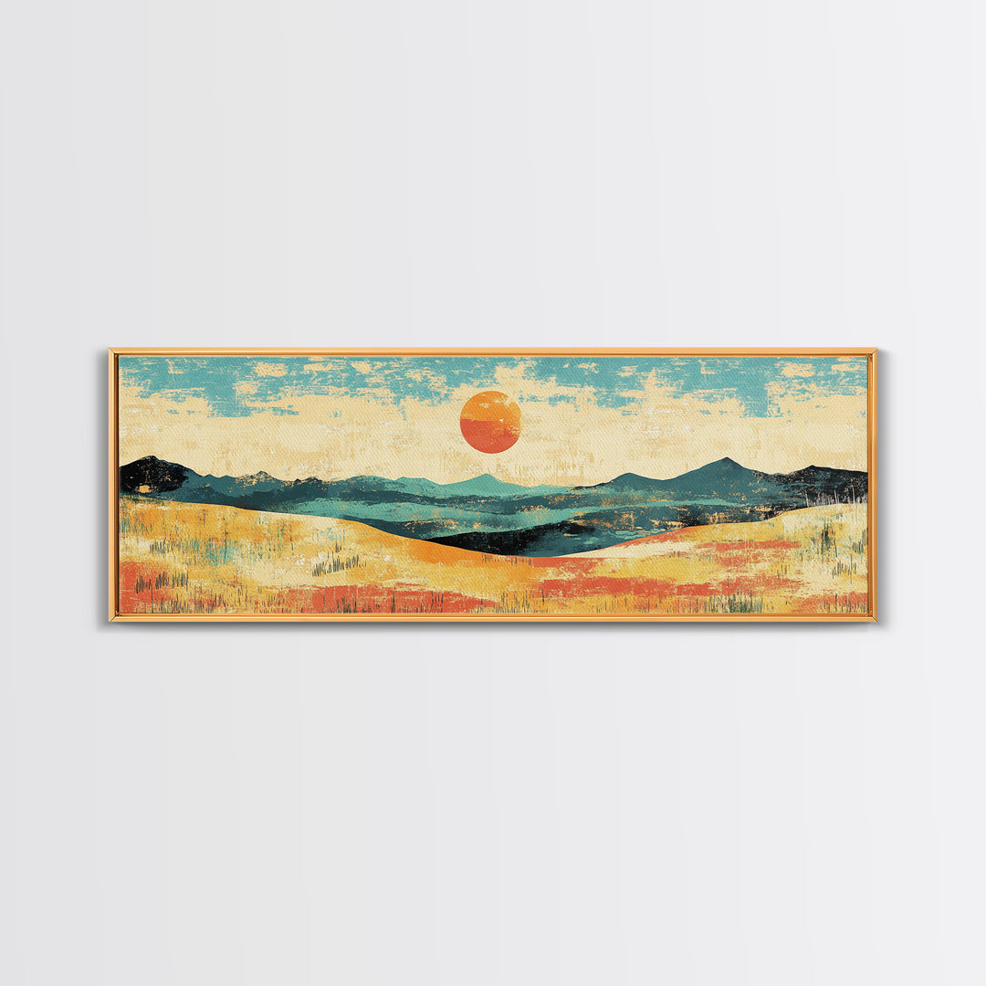 Sun Over Rolling Hills Canvas Print, Minimalist Landscape Wall Art, Mid Century Modern Home Decor, Large Living Room Print