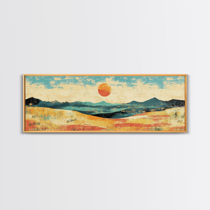 Sun Over Rolling Hills Canvas Print, Minimalist Landscape Wall Art, Mid Century Modern Home Decor, Large Living Room Print