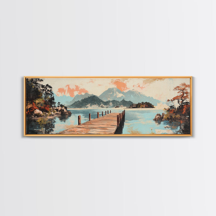 Serene Lake Dock And Mountain Canvas Print, Japanese Landscape Art, Coastal Wall Decor, Peaceful Living Room Decor, Above Sofa Wall Art