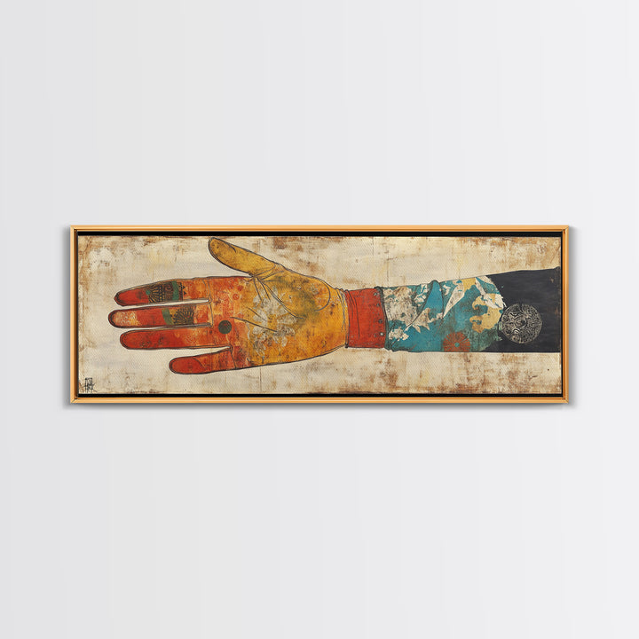 Japanese Hand And Kimono Sleeve Wall Art, Wabi Sabi Framed Canvas Print, Asian Textile Decor, Eclectic Gallery Art For Living Room