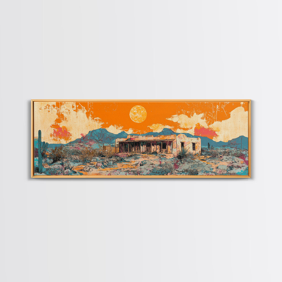 Orange Desert Adobe House Wall Art, Southwestern Landscape Canvas Print, Modern Rustic Home Decor, Santa Fe Style Poster